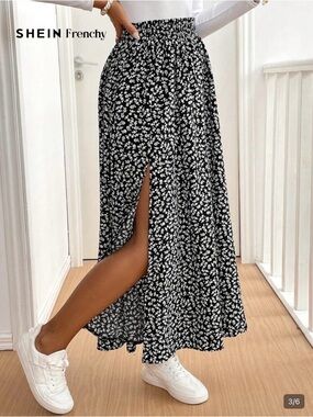 SHEIN Black Floral Midi Skirt with Side Slit